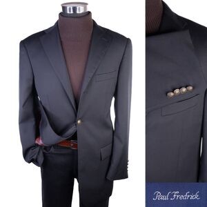 Paul Fredrick 40L Solid Black 100% Wool Bronze Button Blazer Jacket Sport Coat